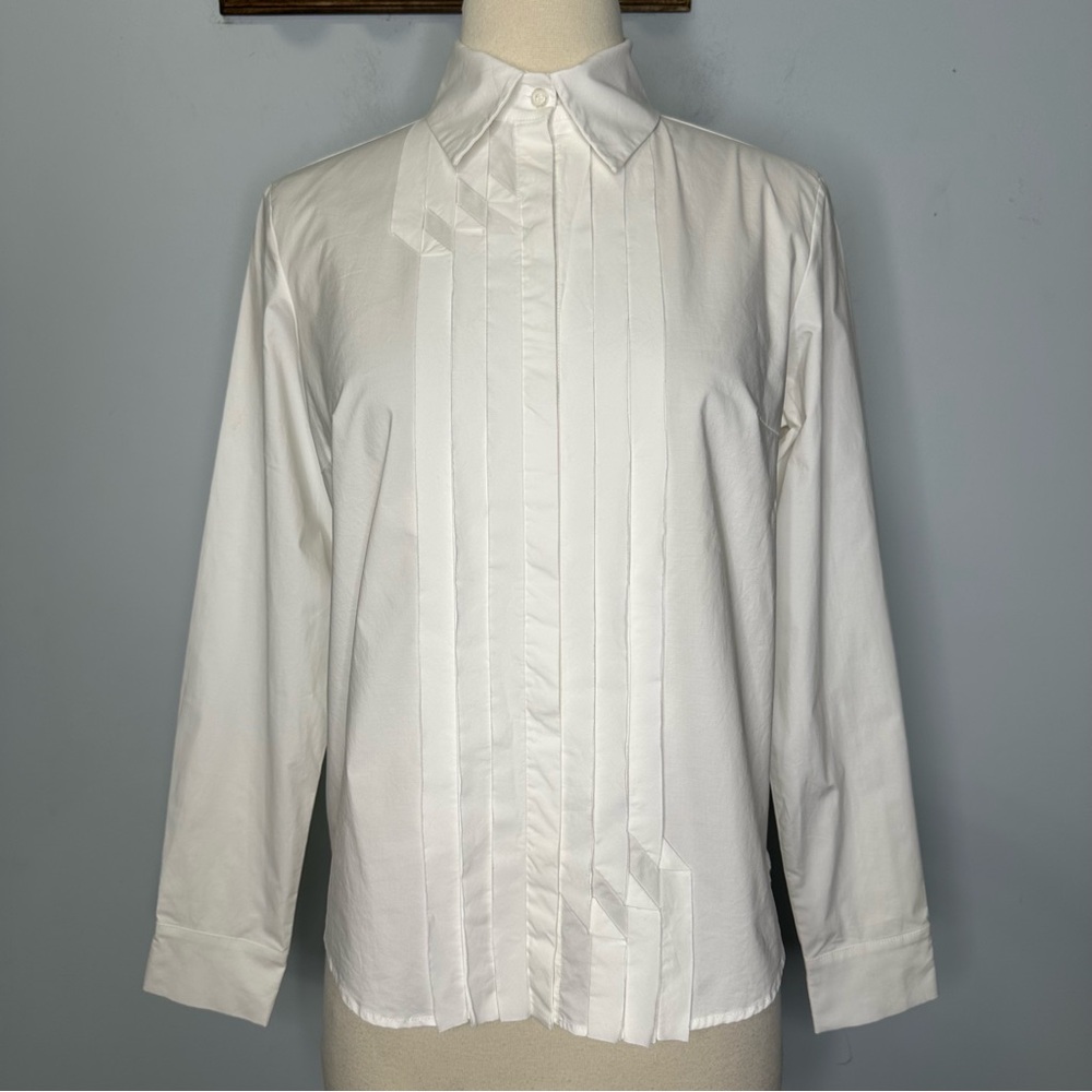 Balossa Women’s White Poplin Stretch Cotton Front Pleated Buttoned Shirt Size 6